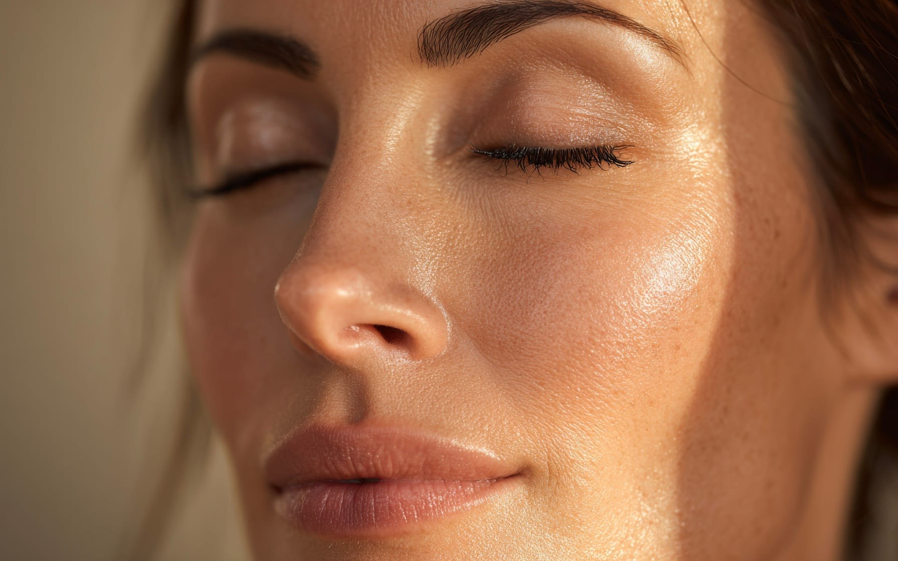 A face at rest, eyes closed, lit warmly from the side.