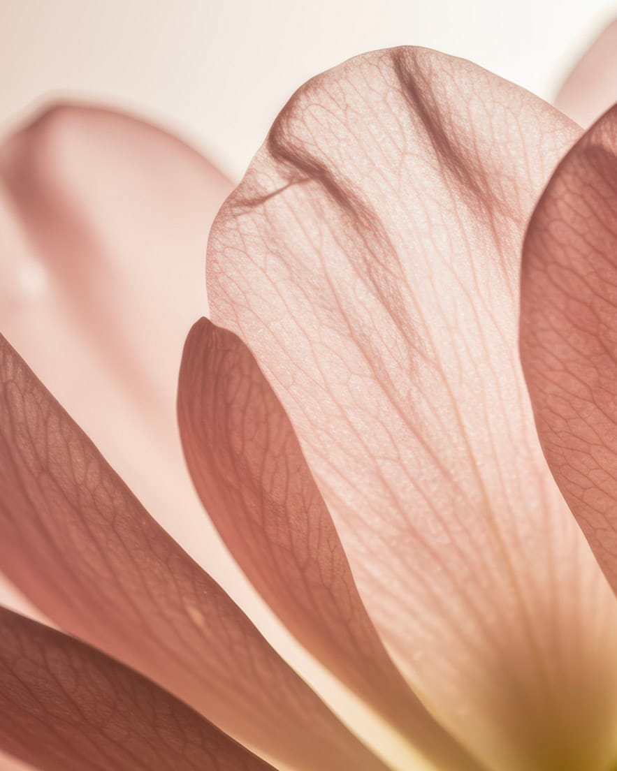 A single tulip opening, petals backlit against white.