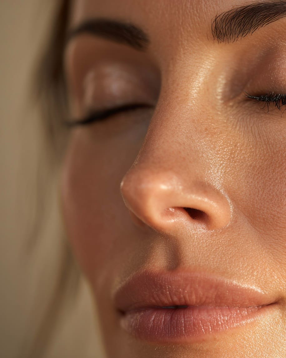 A face at rest, eyes closed, lit from the side.