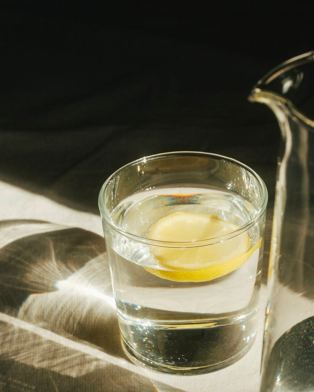 A glass of water with a lemon slice beside a glass pitcher, in hard directional light.