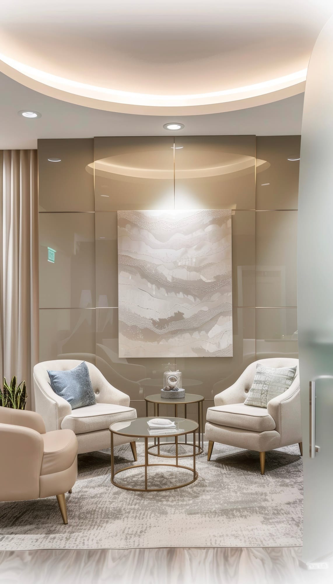 A waiting lounge: two upholstered armchairs around a round brass table, beneath a lit cove ceiling.