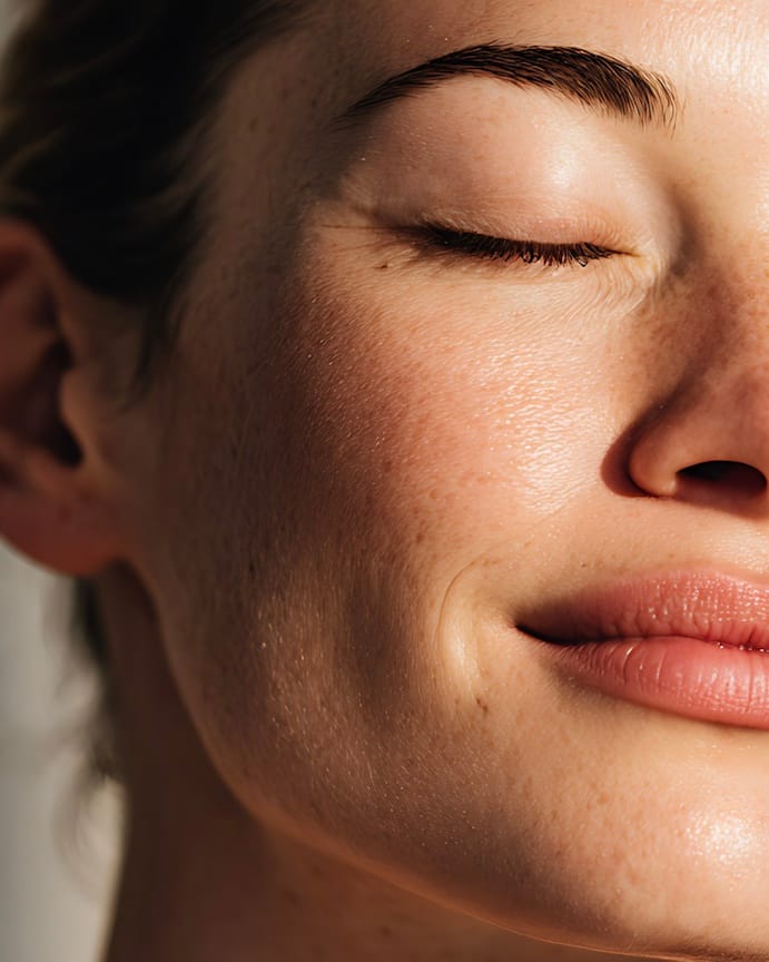 A face at rest with the eyes closed, freckled skin against a pale ground.