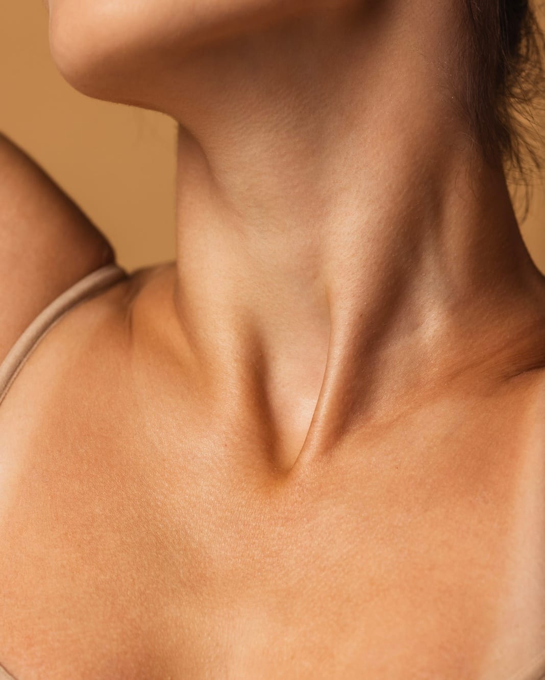 A neck and collarbone turned toward warm directional light.