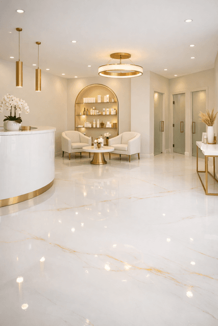 The L&rsquo;Ateleir reception: a curved white desk with a gold plinth, arched shelving and a marble floor.